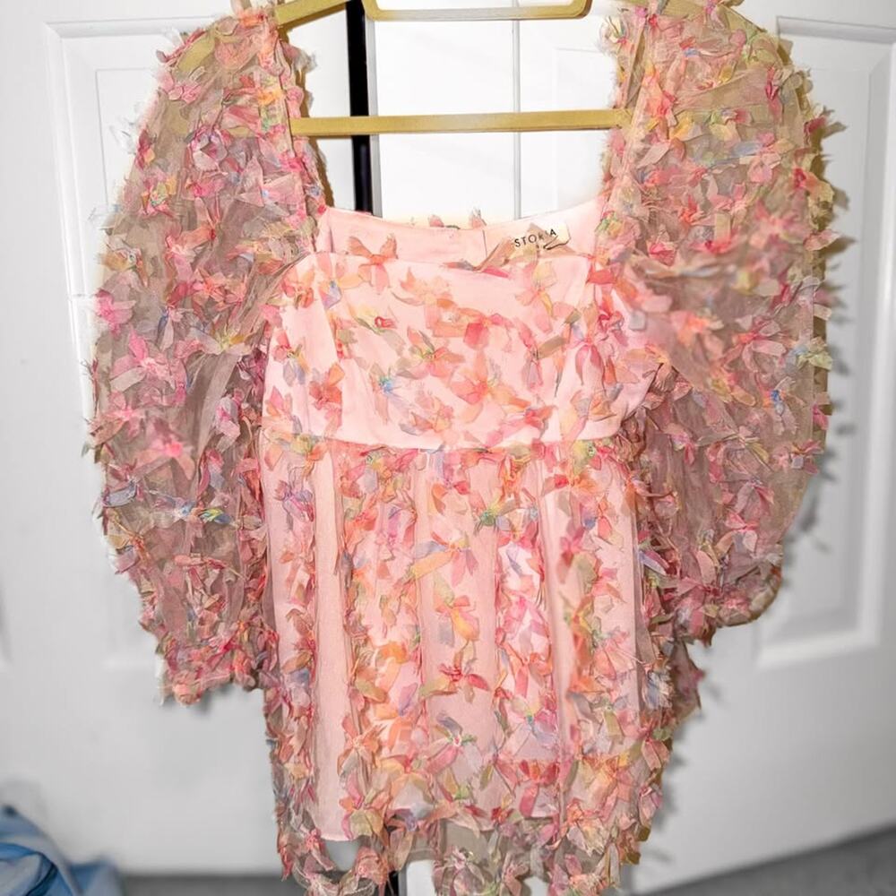 Storia Blush Pink Multicolor Floral Tulle Mesh top womens Size Small